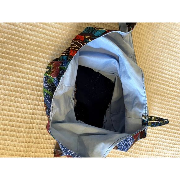 Handmade Boho Festival Hobo Tote Bag Blue Printed Long Strap External Pocket Y2K - Picture 5 of 11